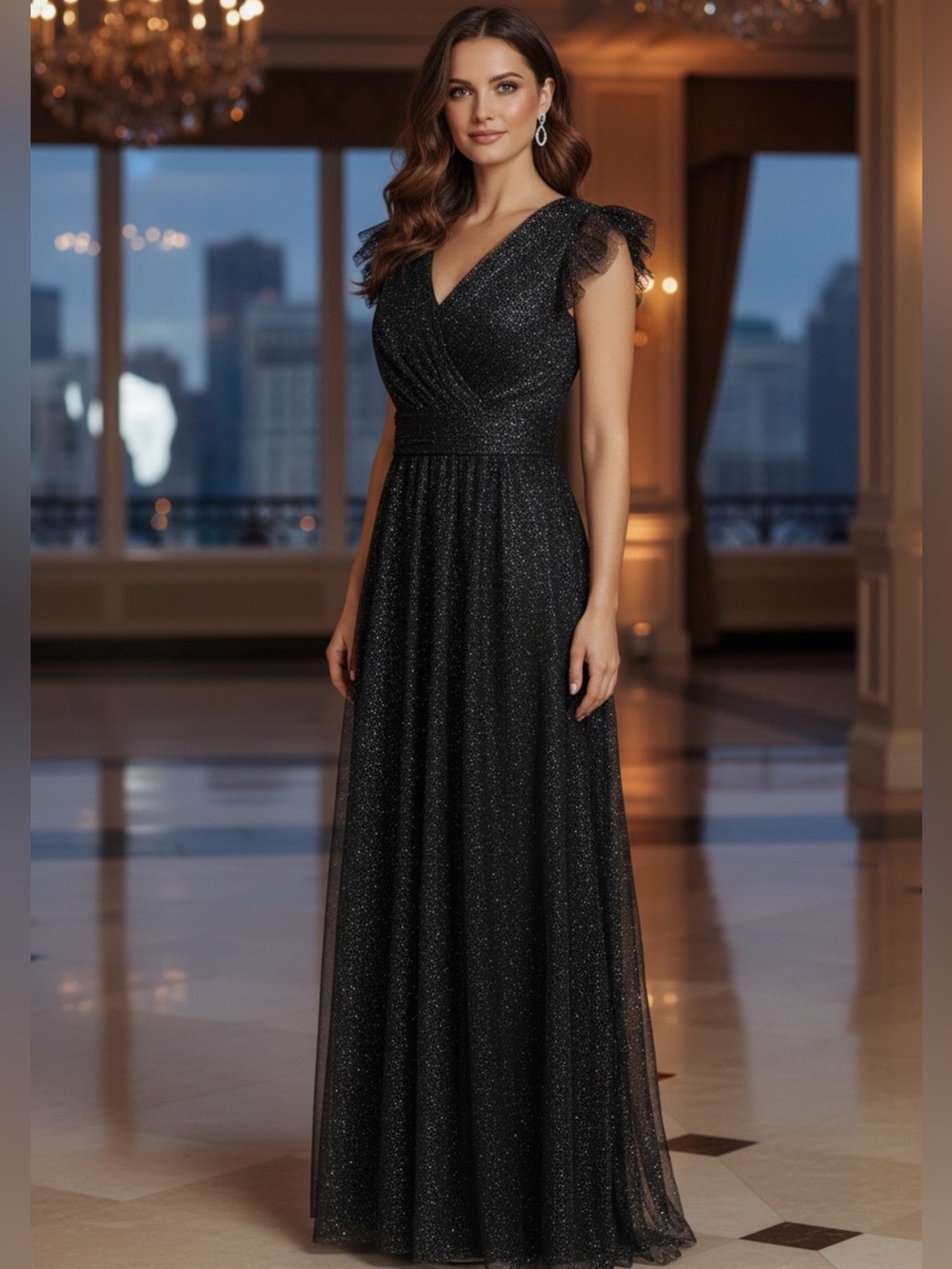 ALEXA B Nites Black w/ Silver Sparkle V-Neck Maxi Dress with Flutter Sleeves NWT